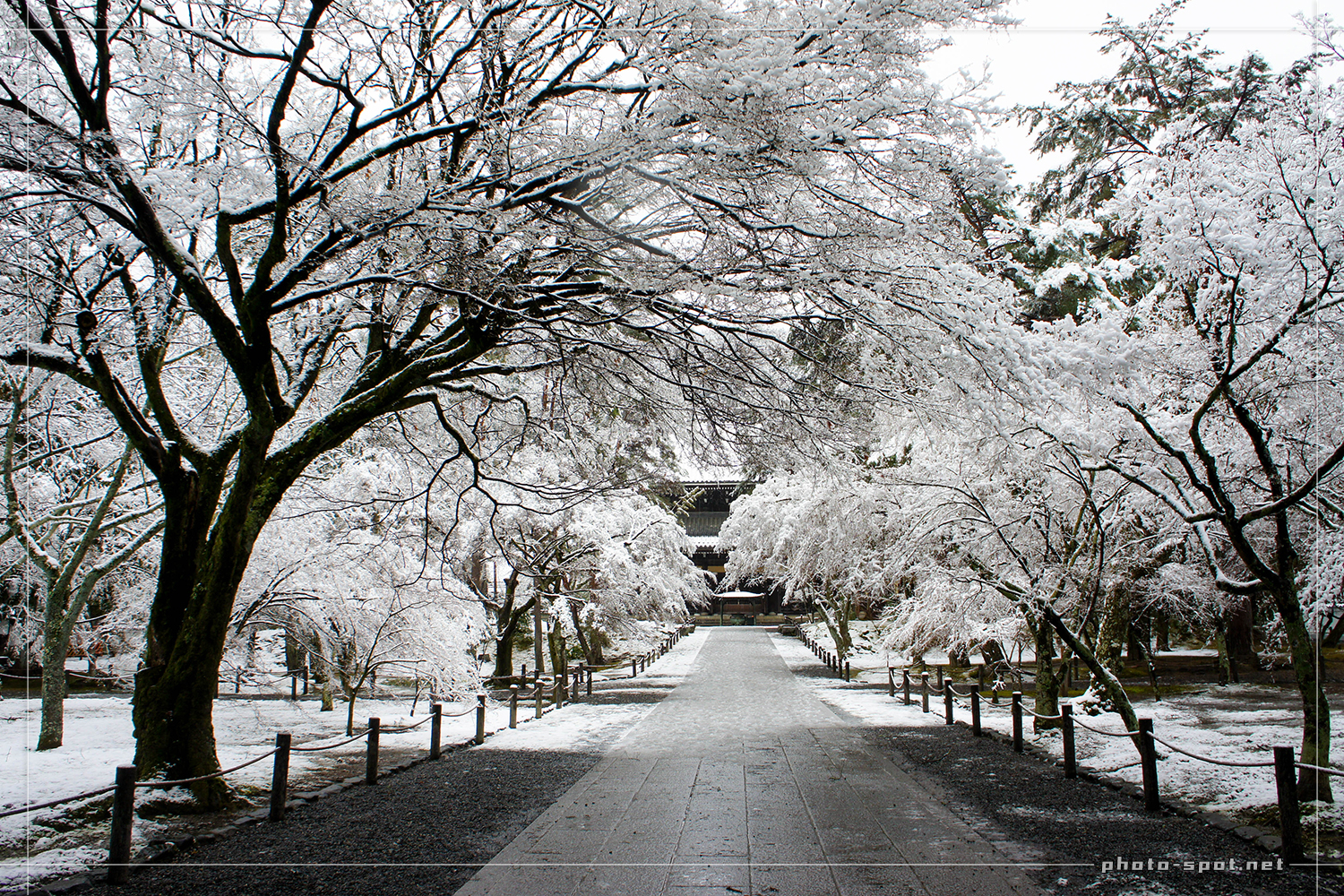 雪化粧の南禅寺 三門の円柱を通り抜け
