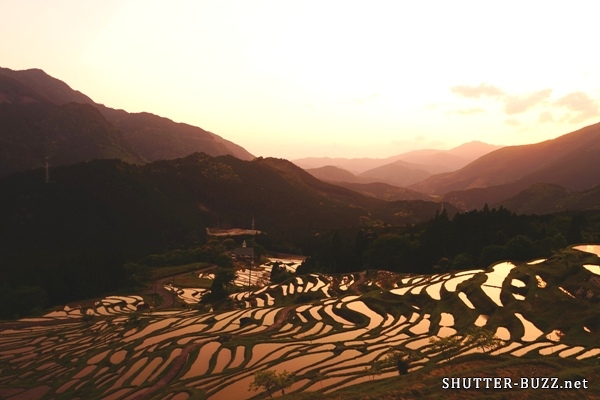 夕暮れ時にオレンジ色に染まる千枚田